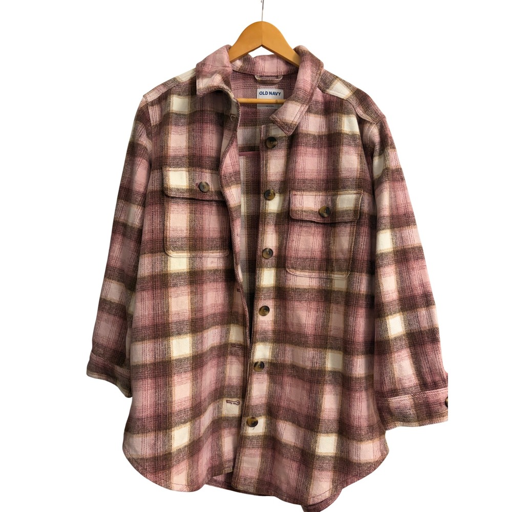 Old Navy Shacket Large Pink Plaid, Flannel, Oversized, Jacket, Thick, Fall, Cozy